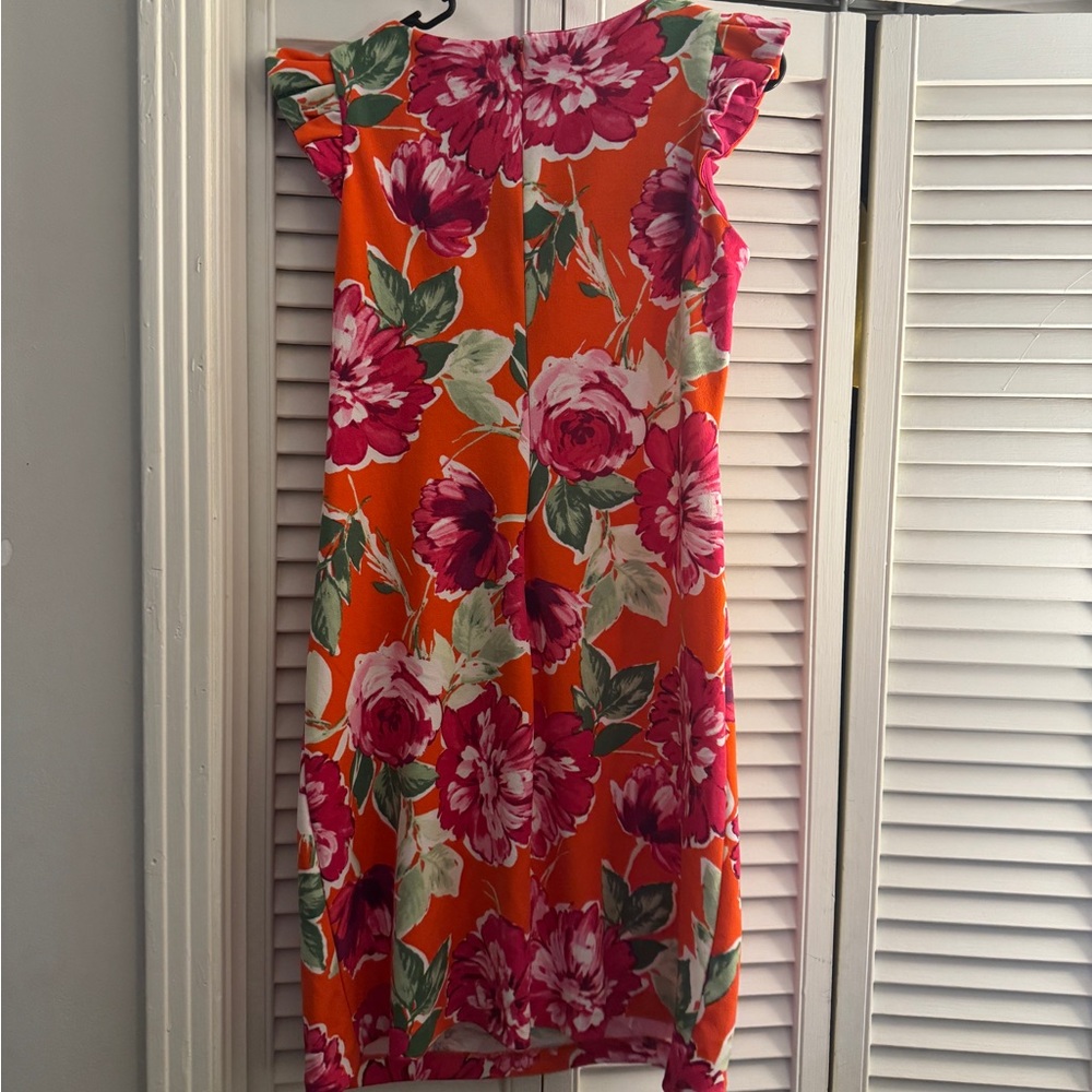 Shelby & Palmer Pink Red Sheath Midi Dress Flutter Sleeves